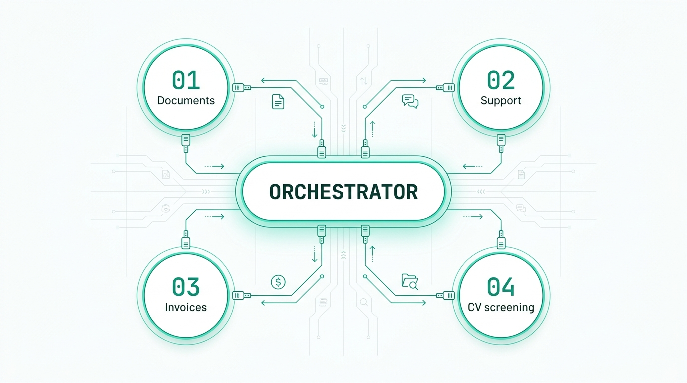 Exxo agent network — Documents, Support, Invoices and CV screening agents orchestrated around a central ORCHESTRATOR, connected to ERP, CRM, email and databases.